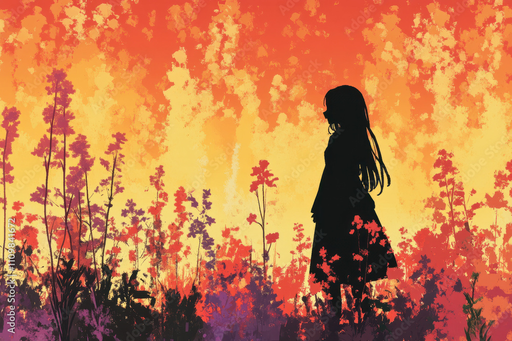 A girl is standing in a field of flowers
