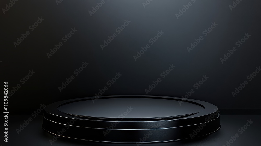 Black Circular Platform Against Dark Background Black Circular Platform Against Dark Background