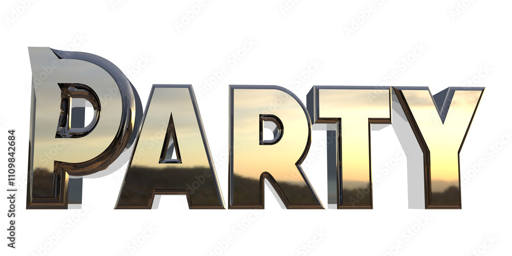 Isolated Word Party in Metallic Style on White Background, 3D Render Illustration. Isolated Word Party in Metallic Style on White Background, 3D Render Illustration.