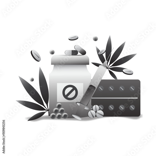 Drug addiction. Illustration Against Drug Abuse and Illegal Trade.  Vector capsules and medicine pills and injections
