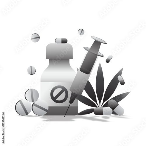 Drug addiction. Illustration Against Drug Abuse and Illegal Trade.  Vector capsules and medicine pills and injections