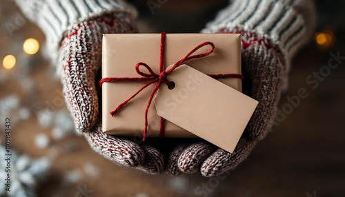 Hands in gloves mittens holding out a wrapped gift in paper with a blank hang tag and ribbon with bow for graphic design template note label in the winter at Christmas or holiday