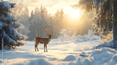 Majestic deer in a snowy winter forest at sunrise. Concept of winter wonderland, wildlife, and nature.