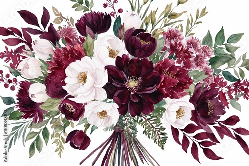 Fototapeta Naklejka Na Ścianę i Meble -  Elegant Deep Burgundy and White Floral Watercolor Bouquet for Art Prints and Home Decor