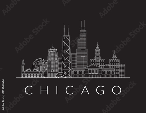 Chicago skyline cityscape vector illustration on a black background