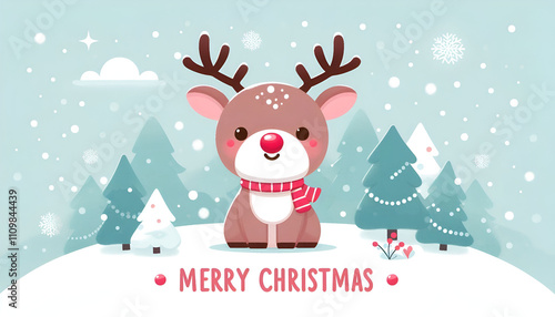 Cute Reindeer Illustration with Red Nose and Snow in florest with a background that is perfect for a merry Christmas and happy new year. The image has space for text.