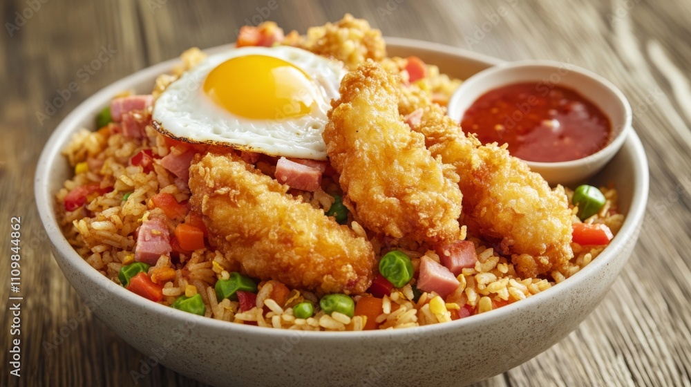 Delicious Fried Rice with Chicken, Egg, Vegetables and Sauce Delicious Fried Rice with Chicken, Egg, Vegetables and Sauce