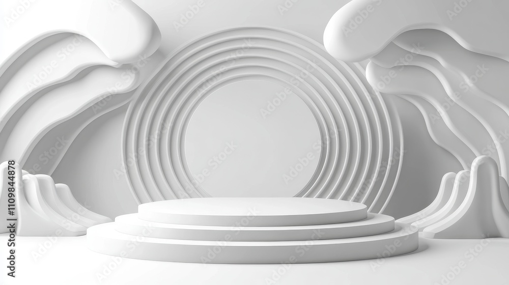 Obraz premium Abstract White Stage with Circular and Wave Forms