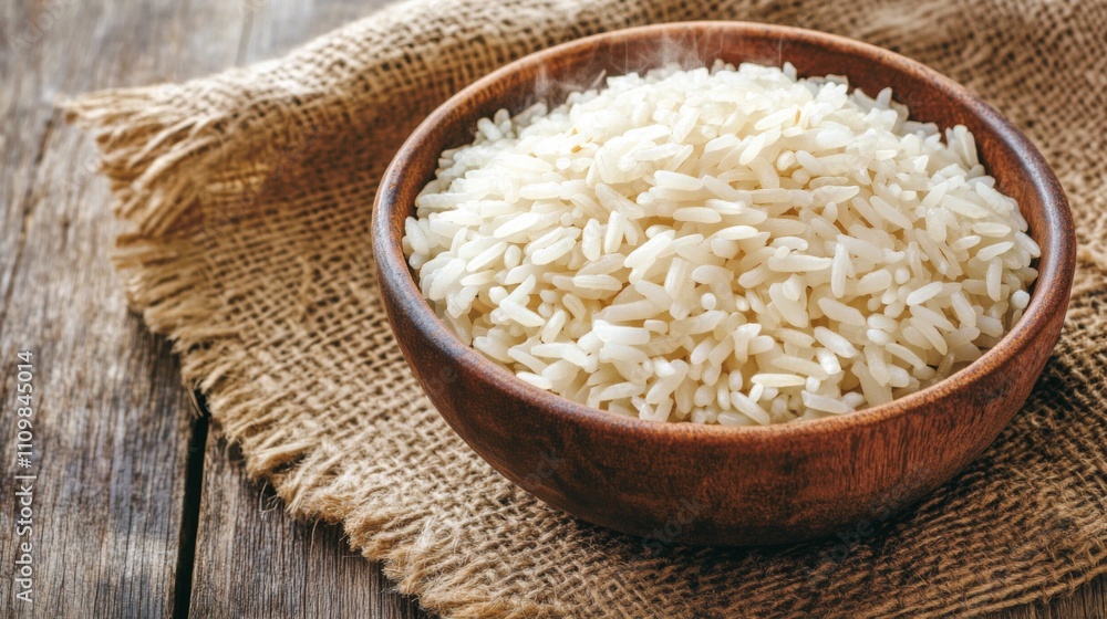 Steaming Bowl of White Rice on Rustic Wooden Table with Burlap Steaming Bowl of White Rice on Rustic Wooden Table with Burlap