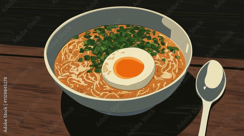 Delicious Noodle Soup with Egg and Green Onions in Bowl Delicious Noodle Soup with Egg and Green Onions in Bowl