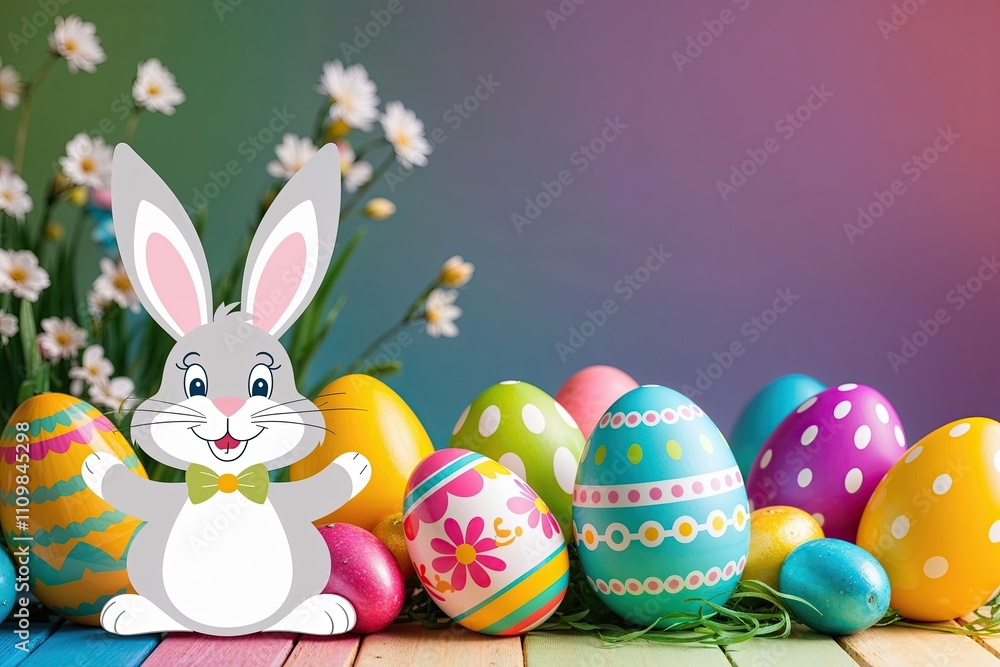 Obraz premium Joyful Bunny with Fun Easter Egg Patterns in a Vibrant Spring Setting