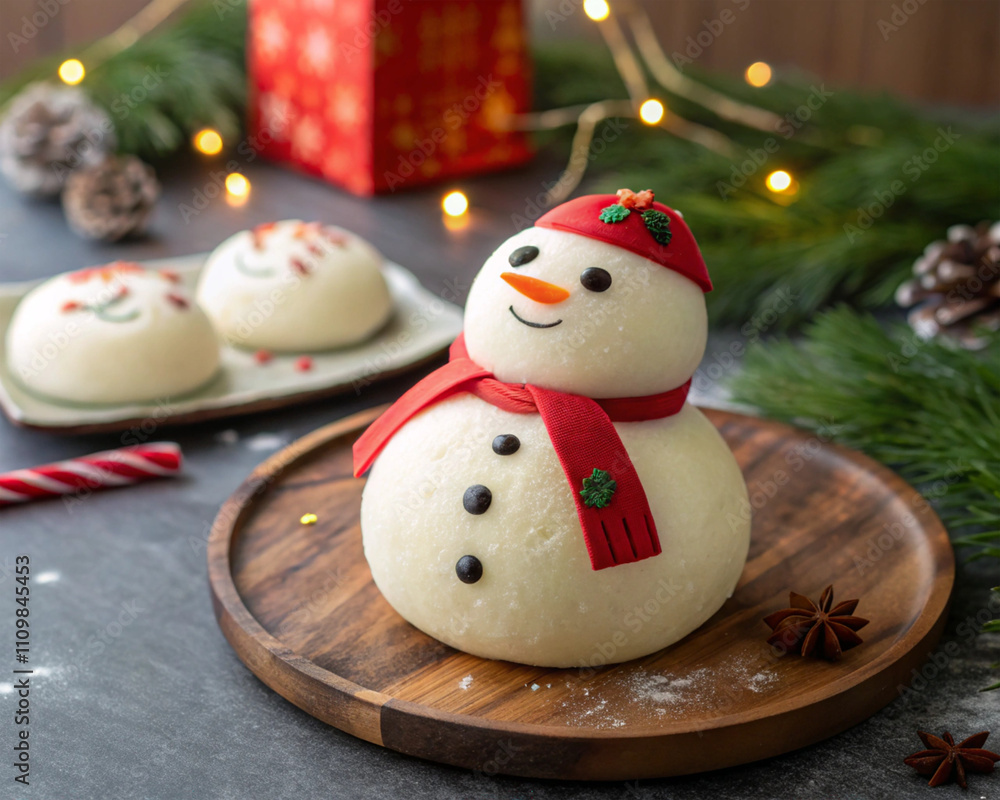 Fototapeta premium Christmas cute snowman cookie on a wooden background