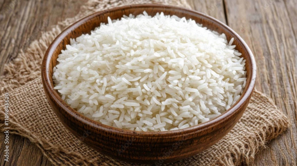 Freshly Cooked White Rice in Wooden Bowl on Rustic Table Freshly Cooked White Rice in Wooden Bowl on Rustic Table