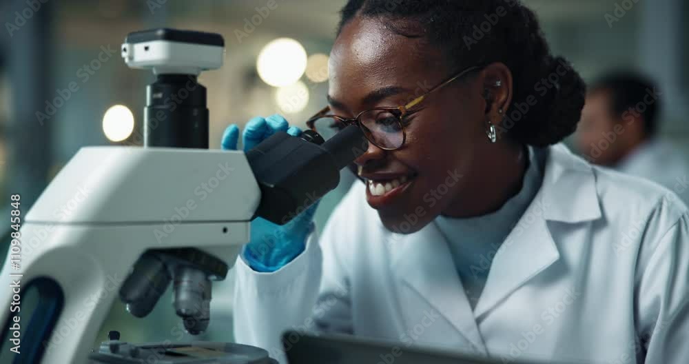 Scientist, black woman and microscope with smile for chemistry, experiment and medical research. Chemical analysis, expert and happy with liquid inspection for pharmaceutical study report success Scientist, black woman and microscope with smile for chemistry, experiment and medical research. Chemical analysis, expert and happy with liquid inspection for pharmaceutical study report success