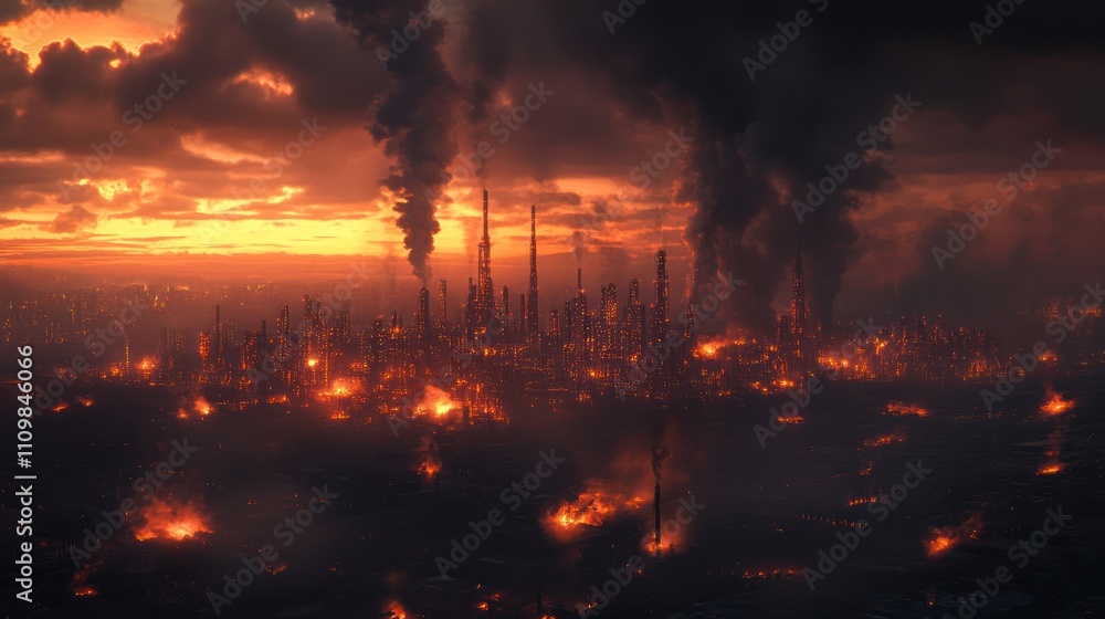 A dystopian cityscape engulfed in flames and smoke at sunset. A dystopian cityscape engulfed in flames and smoke at sunset.