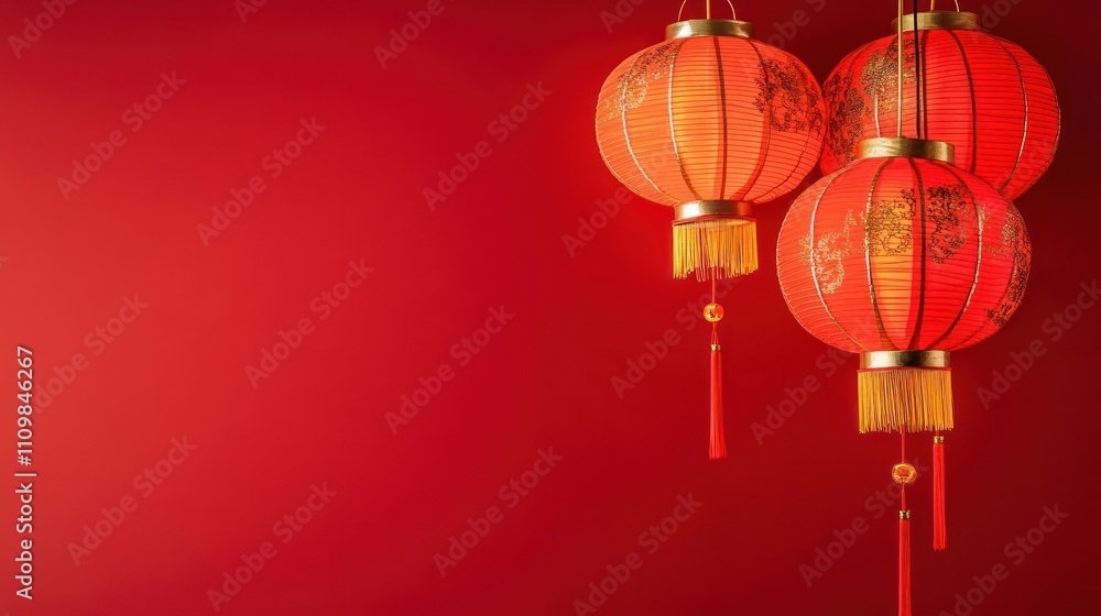 Three decorative red lanterns against a vibrant red background. Three decorative red lanterns against a vibrant red background.