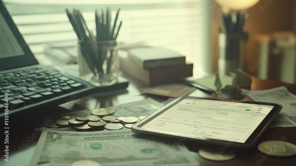 Obraz premium Workspace with Tablet, Money, and Laptop Showcasing Financial Insights
