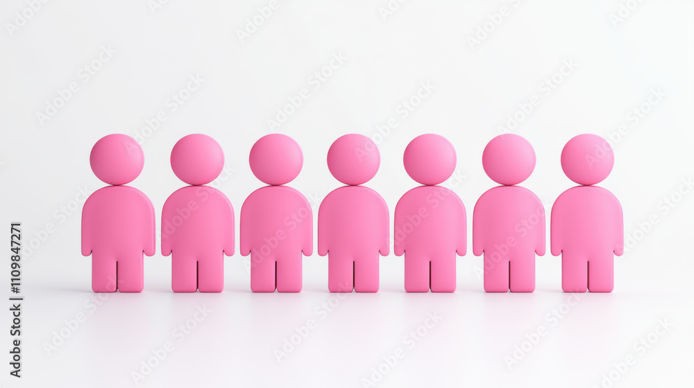 Pink humanoid figures stand in row against white background, creating minimalist and modern visual. simple design and vibrant color evoke sense of unity and creativity Pink humanoid figures stand in row against white background, creating minimalist and modern visual. simple design and vibrant color evoke sense of unity and creativity