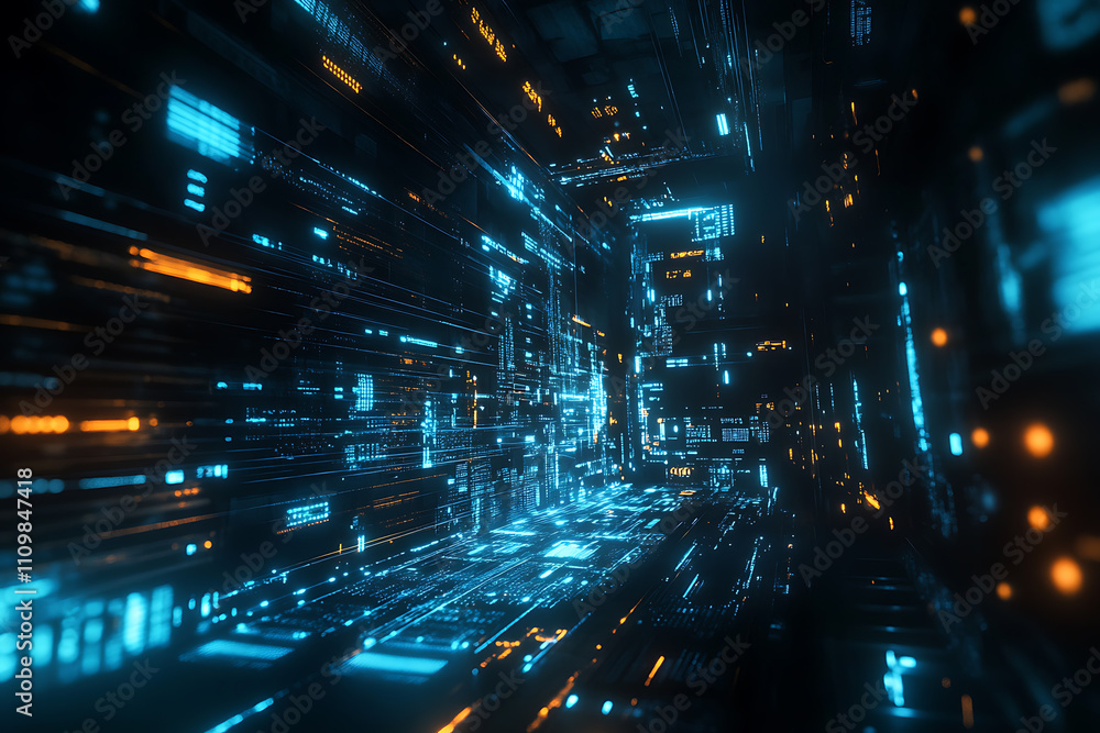 Blue digital binary data on a computer screen, creating a futuristic, high-tech atmosphere with flowing numbers and abstract patterns