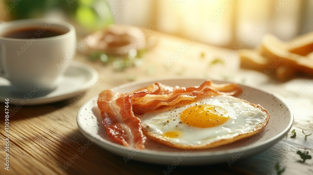 A delicious breakfast spread includes a perfectly cooked fried egg and crispy bacon beside a steaming cup of coffee. Morning light illuminates the scene, enhancing the inviting atmosphere.