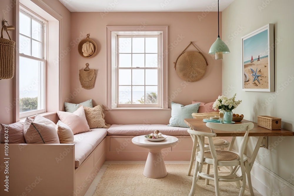 Fototapeta premium Charming Coastal Nook with Soft Pastel Decor and Simplistic Design