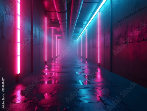 An abstract modern tunnel with bright glowing neon lights, Neon pink lines on dark grunge wall