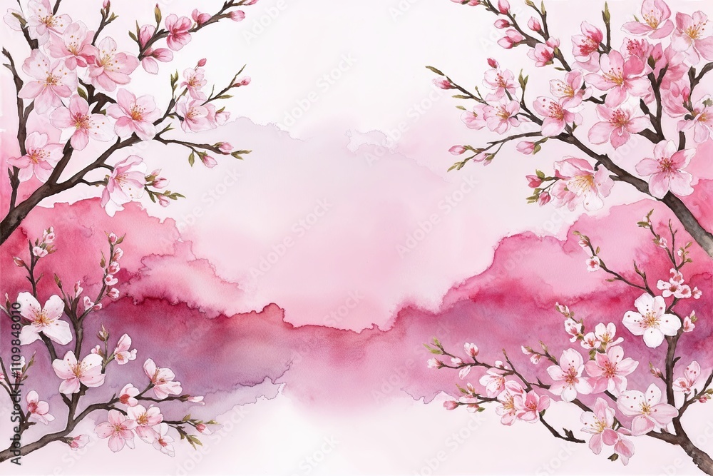 Fototapeta premium Delicate Cherry Blossom Watercolor Border for Invitations and Craft Projects
