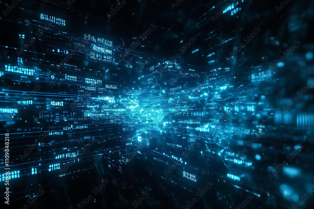 Obraz premium Blue digital binary data on a computer screen, creating a futuristic, high-tech atmosphere with flowing numbers and abstract patterns