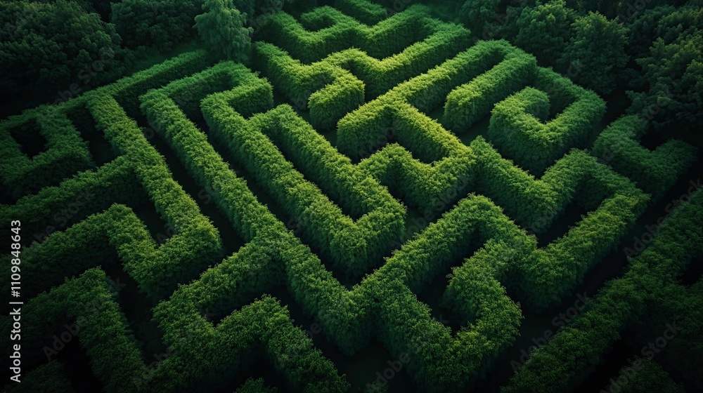 Aerial view of green hedge maze surrounded by forest. Aerial view of green hedge maze surrounded by forest.