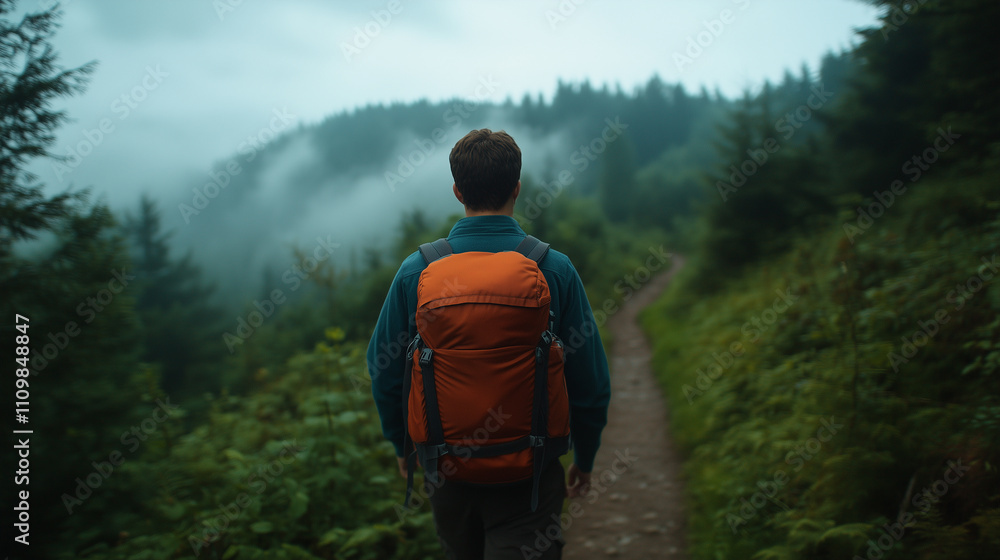 person with orange backpack walks along misty forest trail, surrounded by lush greenery and towering trees. serene atmosphere evokes sense of adventure and exploration.