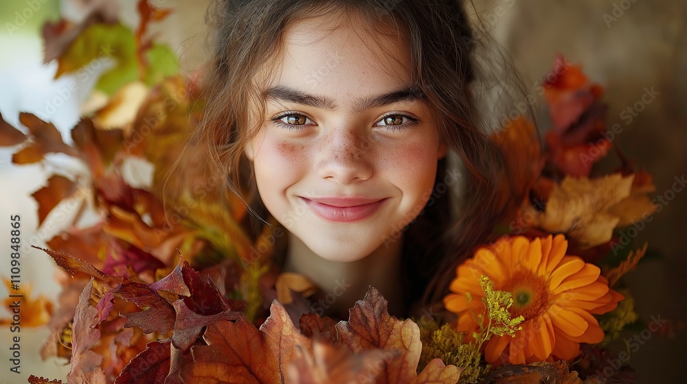 Smiling girl surrounded by autumn leaves and flowers. Smiling girl surrounded by autumn leaves and flowers.