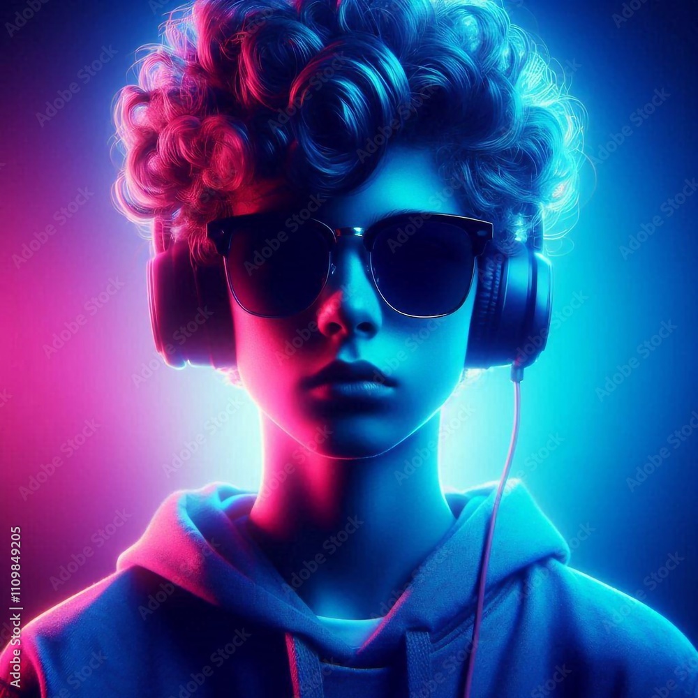Cool young boy with curly hair wearing headphones and sunglasses, illuminated by neon lights Cool young boy with curly hair wearing headphones and sunglasses, illuminated by neon lights
