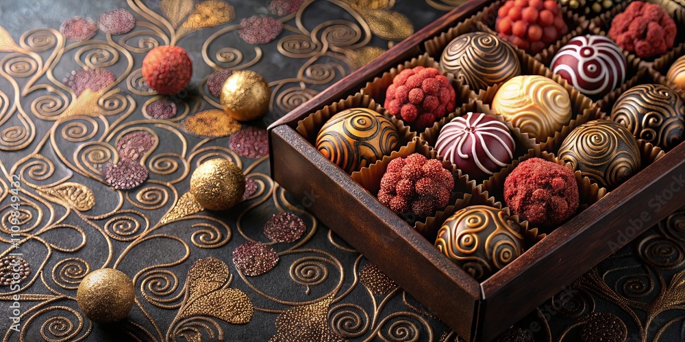 An elegant assortment of gourmet chocolates in a wooden box, adorned with intricate swirling designs and textured surfaces, rests on a rich, dark background with gold accents. An elegant assortment of gourmet chocolates in a wooden box, adorned with intricate swirling designs and textured surfaces, rests on a rich, dark background with gold accents.