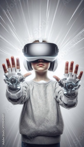 Child wearing futuristic VR headset and gloves, immersed in virtual reality experience