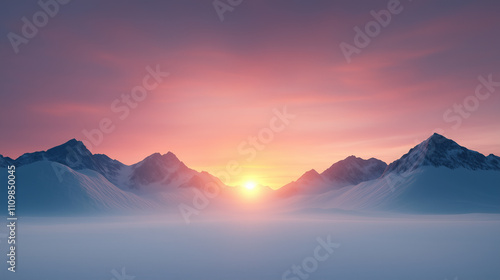 breathtaking sunrise over snow covered mountains, casting warm hues across sky and illuminating serene landscape.