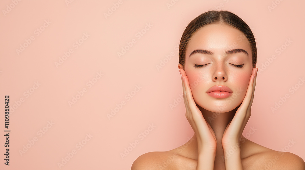serene woman with closed eyes gently holds her face, showcasing natural glow against soft pink background. Her smooth skin radiates tranquility and beauty. serene woman with closed eyes gently holds her face, showcasing natural glow against soft pink background. Her smooth skin radiates tranquility and beauty.