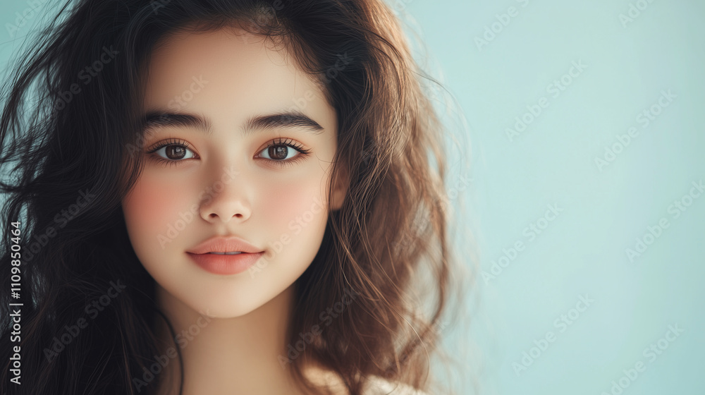 Fototapeta premium young woman with long, wavy hair and expressive eyes, smiling softly against light blue background. Her natural beauty radiates warmth and charm.