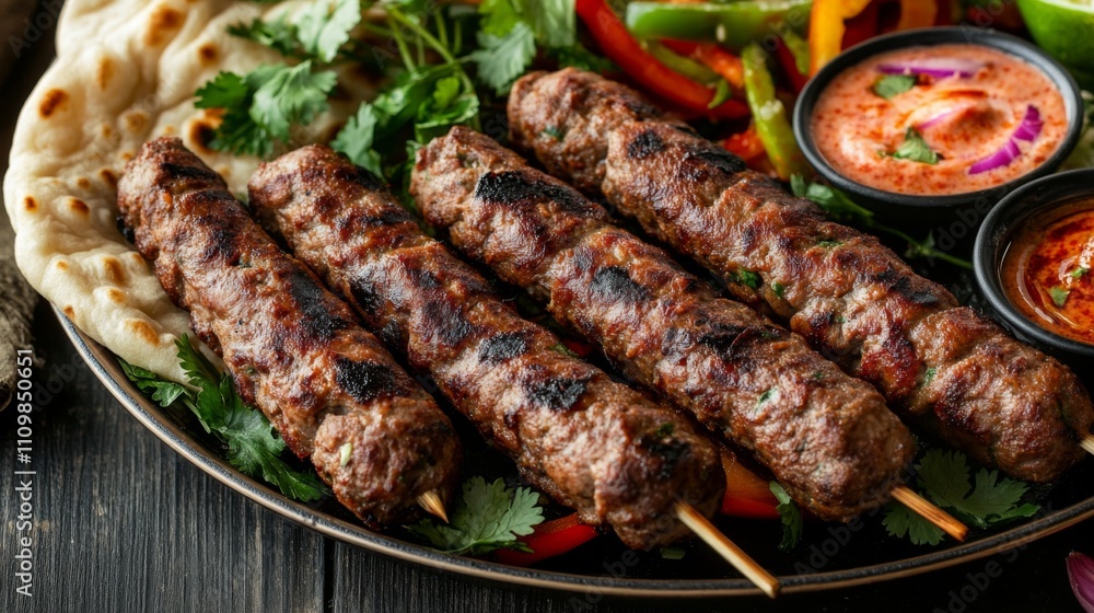 Grilled Skewers with Succulent Meat and Fresh Vegetables on Plate Grilled Skewers with Succulent Meat and Fresh Vegetables on Plate