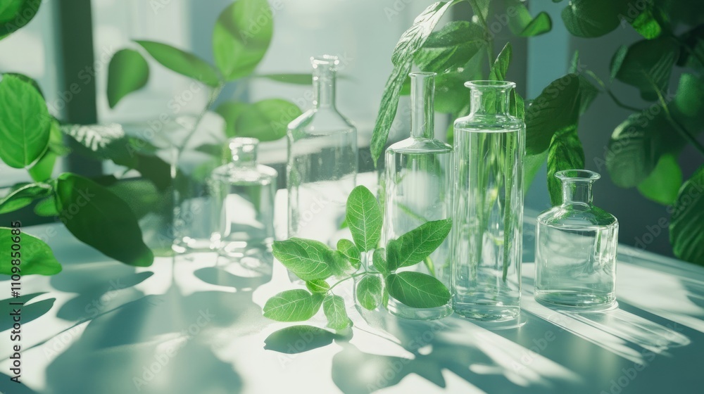 Glass containers surrounded by green plants in soft lighting. Glass containers surrounded by green plants in soft lighting.