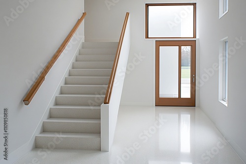 Modern entryway with stairs and a large window, emphasizing minimalistic design.