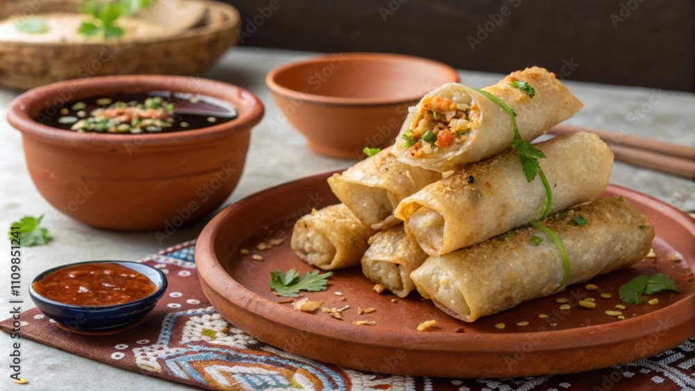 Displayed on a rustic terracotta plate the spring rolls are stacked in a way that mimics a teetering tower. Their crispy surfaces shine with a light coated sheen and alongside them Displayed on a rustic terracotta plate the spring rolls are stacked in a way that mimics a teetering tower. Their crispy surfaces shine with a light coated sheen and alongside them