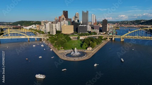 Experience the dynamic beauty of Pittsburgh with this stunning aerial drone footage. This clip captures a serene flight over the river in Pittsburgh, PA, where numerous boats float gracefully below. 