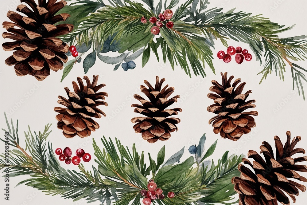 Fototapeta premium Rustic Watercolor Band Featuring Seasonal Pine Cones, Rustic Foliage, and Berry Sprigs for Wedding Invitations and Cozy Greetings