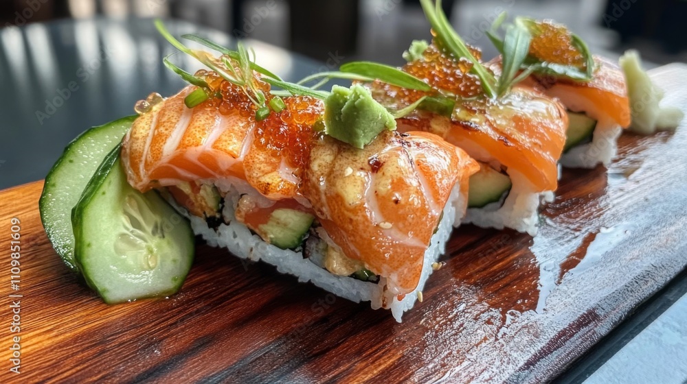 Fresh salmon sushi rolls with avocado and cucumber on a wooden plate Fresh salmon sushi rolls with avocado and cucumber on a wooden plate