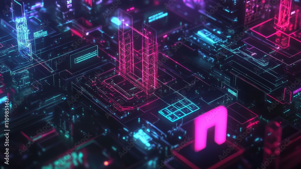 Neon Cityscape Digital Network Background with Futuristic Design Neon Cityscape Digital Network Background with Futuristic Design