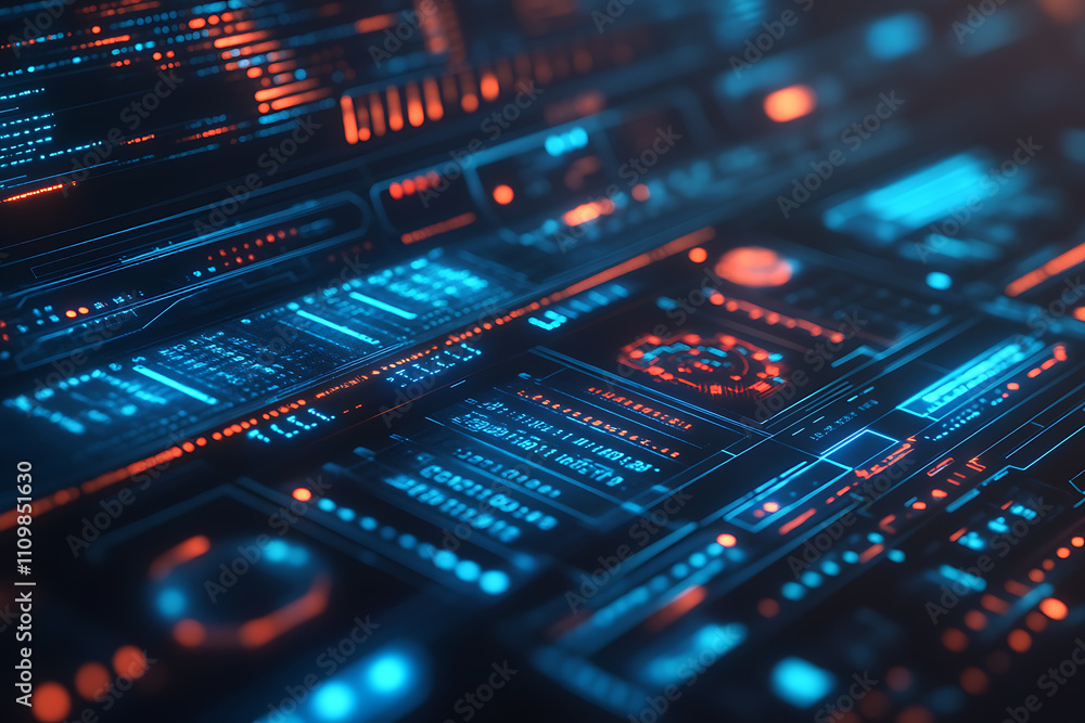 Fototapeta premium Blue digital binary data on a computer screen, creating a futuristic, high-tech atmosphere with flowing numbers and abstract patterns