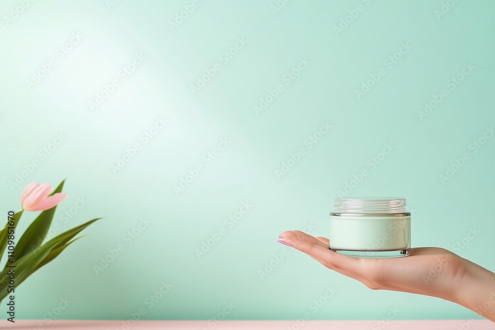 Hand holding jar of cream, pink tulip, mint background.