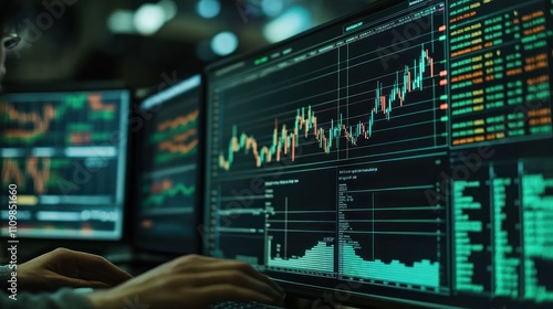 Trading analysis on multiple screens showing market data and graphs.