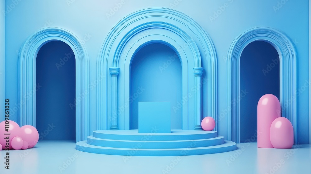 Abstract Blue Room with Pink Spheres and a Platform Abstract Blue Room with Pink Spheres and a Platform