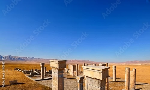 Ruins of ancient Persepolis, remains of temple with columns, panoramic view, 4K